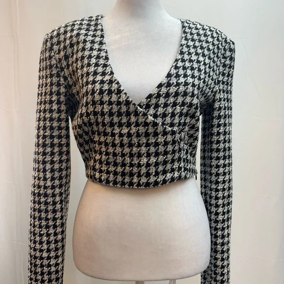 Zara Black & White Houndstooth Wrap Crop Top M - Picture 1 of 4